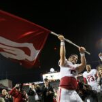Baker Mayfield celebrates an Oklahoma win at Ohio State.