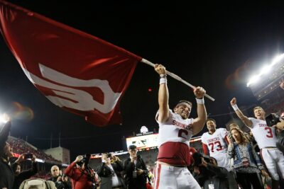 Baker Mayfield celebrates an Oklahoma win at Ohio State.