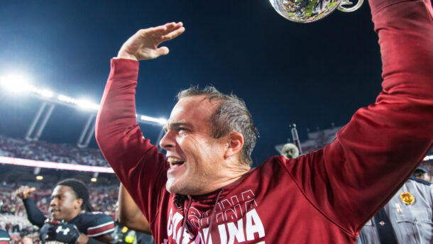 South Carolina head coach Shane Beamer celebrates.