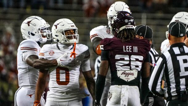 Texas A&M cornerback Will Lee III plays against Texas.