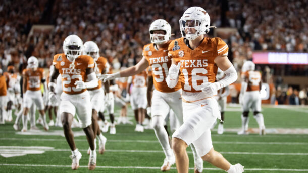Texas safety Michael Taaffe celebrates with teammates.