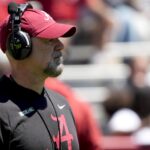 Ryan Grubb coaches during A-Day.
