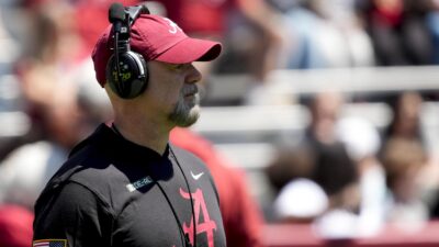 Ryan Grubb coaches during A-Day.