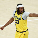 Myles Turner plays in the 2025 NBA Finals.