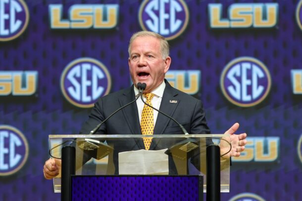 Brian Kelly speaks at SEC Media Days in 2025.