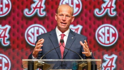 Alabama coach Kalen DeBoer at SEC Media Days.