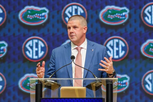 Florida coach Billy Napier speaks at SEC Media Days.