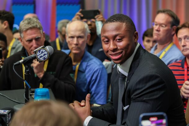 DJ Lagway speaks during SEC Media Days.