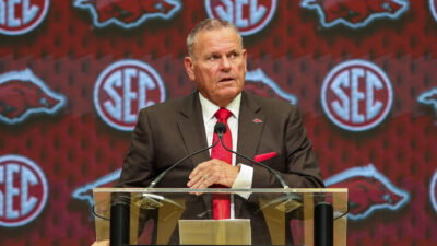 Sam Pittman speaks at SEC Media Days.