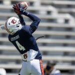 Malcolm Simmons catches a ball during A-Day practice.