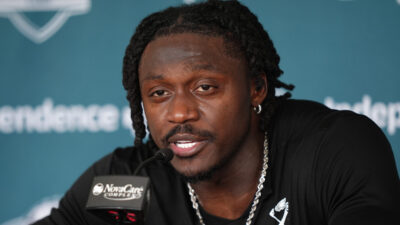 AJ Brown speaks to the media.