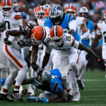 Xavier Legette plays against the Browns.