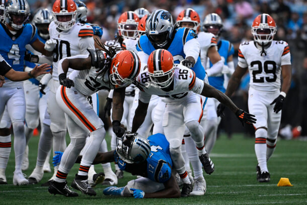 Xavier Legette plays against the Browns.