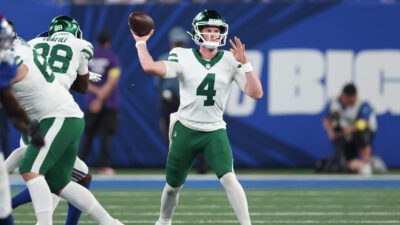 Brady Cook during a New York Jets game.