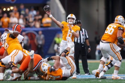 Joey Aguilar throws the ball for Tennessee.