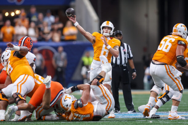 Joey Aguilar throws the ball for Tennessee.