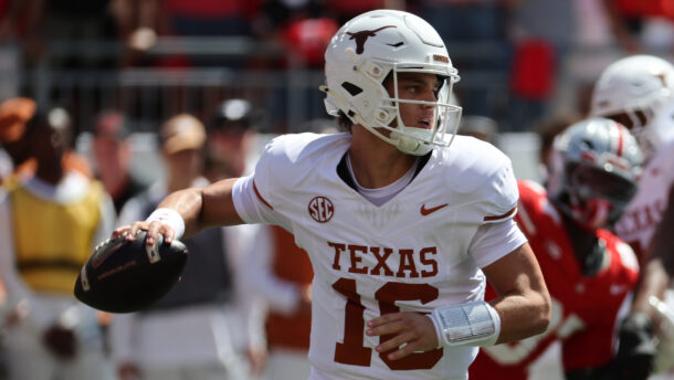 Texas quarterback Arch Manning throws a pass.