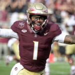FSU quarterback Thomas Castellanos celebrates.