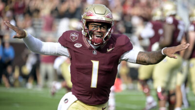 FSU quarterback Thomas Castellanos celebrates.