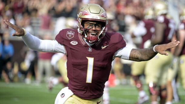 FSU quarterback Thomas Castellanos celebrates.