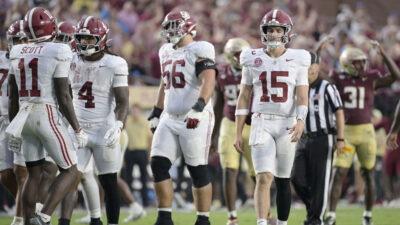 Alabama offensive players during a game.