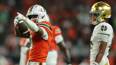 Miami receiver Keelan Marion celebrates a first down.