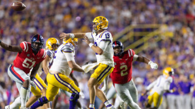Garrett Nussmeier throws a pass vs. Ole Miss.