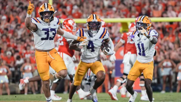 LSU linebacker West Weeks celebrates.
