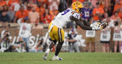 LSU tight end Trey'Dez Green reaches for a pass.