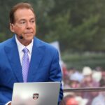 Coach Nick Saban on the set of College GameDay.