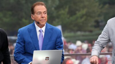 Coach Nick Saban on the set of College GameDay.
