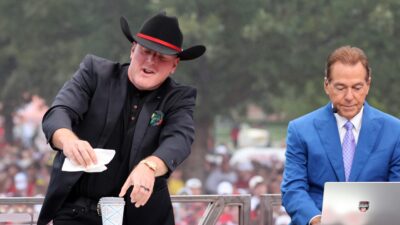 Pat McAfee and Nick Saban on the set of College GameDay.