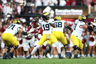 Michigan quarterback Bryce Underwood throws a pass.