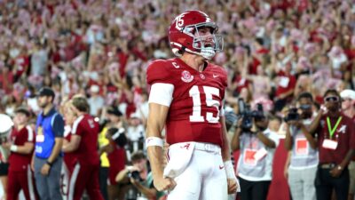 Ty Simpson celebrates an Alabama touchdown.