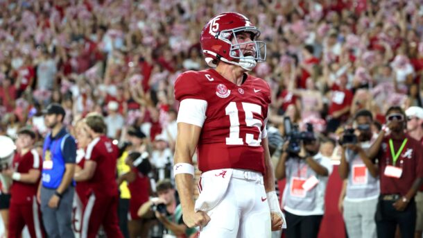Ty Simpson celebrates an Alabama touchdown.