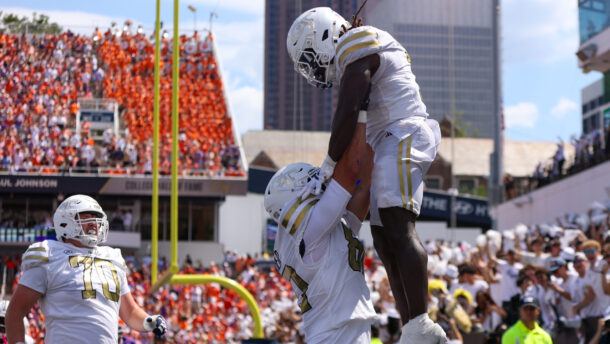 Georgia Tech players celebrate vs. Clemson.