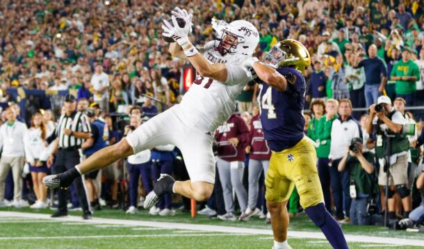Texas A&M TE Nate Boerkircher catches a pass vs. Notre Dame.