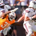 Tennessee tries to tackle Mississippi State quarterback Blake Shapen.