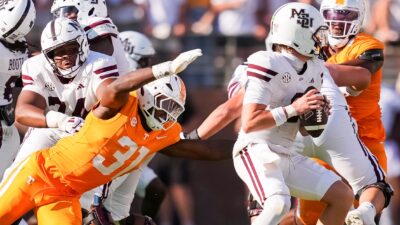 Tennessee tries to tackle Mississippi State quarterback Blake Shapen.