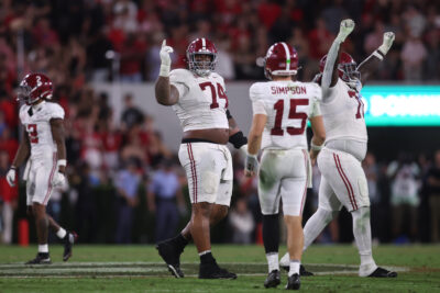 Alabama player celebrate a win over Georgia.
