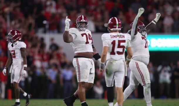 Alabama players celebrate a win at Georgia.