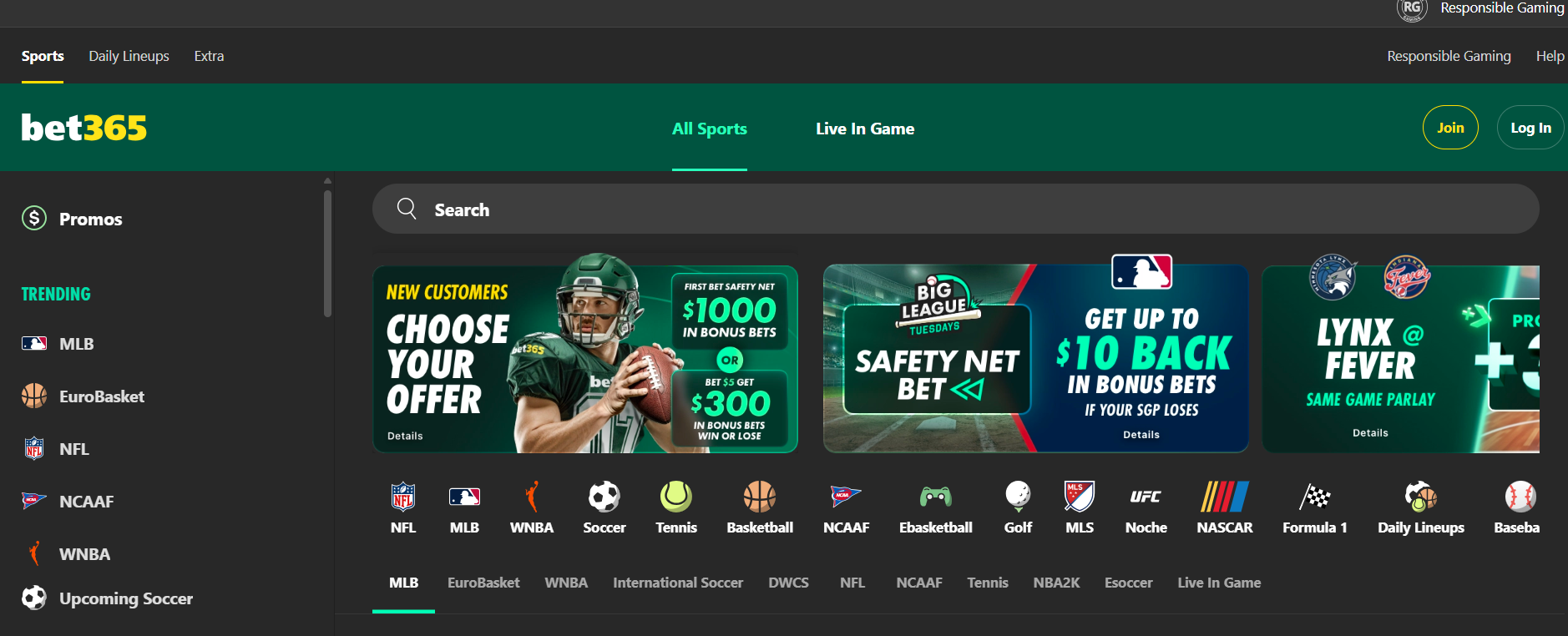 bet365 home page. 