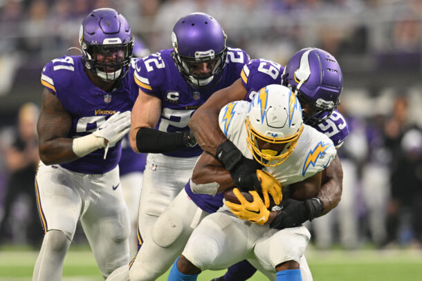 Chargers and Vikings play football.