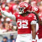 R Mason Thomas of Oklahoma reacts after recording a sack.