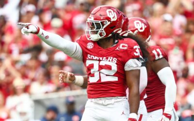 R Mason Thomas of Oklahoma reacts after recording a sack.