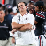 Shane Beamer is upset after a play.