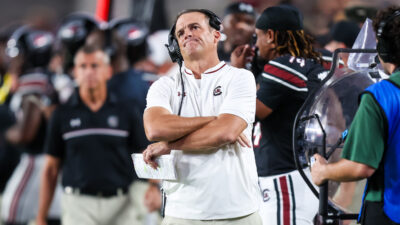 Shane Beamer is upset after a play.