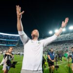 Oregon coach Dan Lanning celebrates a win at Penn State.