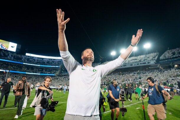 Oregon coach Dan Lanning celebrates a win at Penn State.