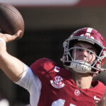 Ty Simpson throws a pass.